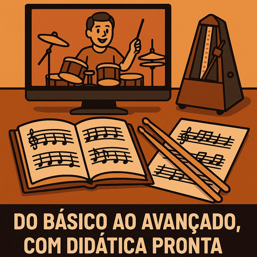 Ilustração de um caderno de música e baquetas.