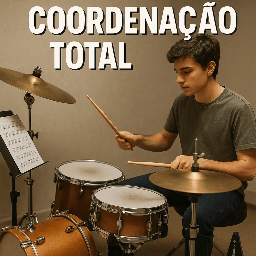 Ilustração de um kit de bateria com notas musicais simbolizando grooves.