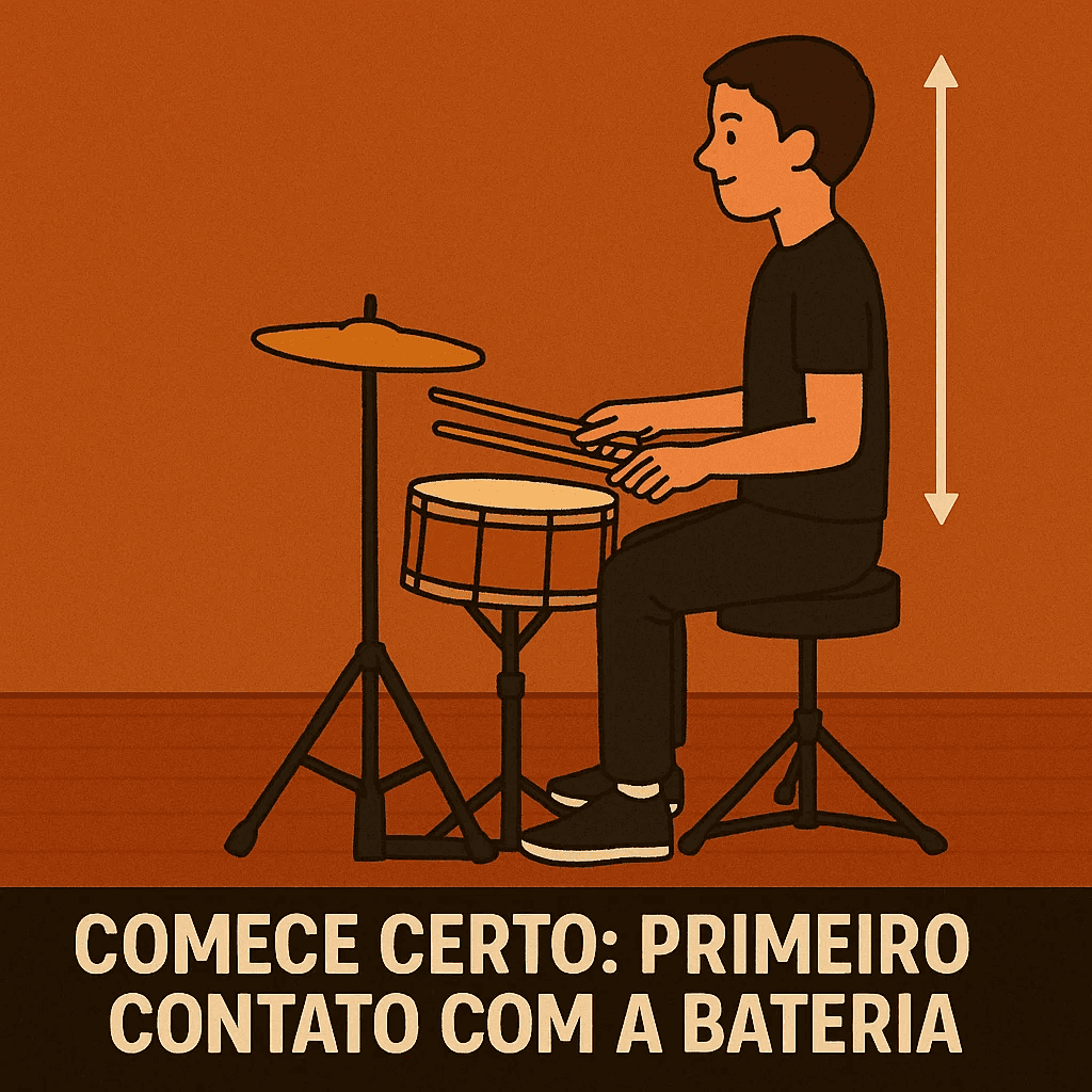 Ilustração de um baterista com fones de ouvido, representando a prática musical.