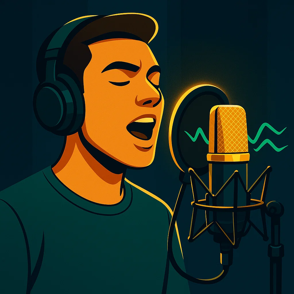 Ilustração de notas musicais e um microfone, representando repertório musical.